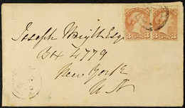 1870 3C INDIAN RED PAIR ON COVER (March) Envelope To New York, Bearing 3c Indian Red SG 79 X2, Tied By Ring Cancel, Dama - Other & Unclassified