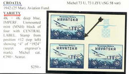 1942 4k+4k Blue Aviation Fund IMPERF (Michel 73 U, SG 58 Var), Never Hinged Mint BLOCK Of 4 With Central Label, One Stam - Croatia