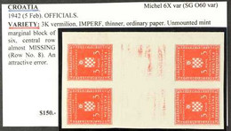 OFFICIALS 1942-44 3k Vermilion Thin Paper IMPERF, Michel 6x U, Never Hinged Mint Right Marginal IMPERF BLOCK Of 6 (2x3)  - Croatia