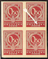 POSTAGE DUES 1941 0.50k Claret IMPERF (Michel 6 U, SG D51 Var), Never Hinged Mint IMPERF BLOCK Of 4, One Stamp With Whit - Croatia