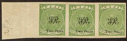 1877 2d On 3d Yellow-green On Laid Paper, A Superb IMPERF HORIZONTAL STRIP OF THREE, As SG 32, Ex Printers Trials, All T - Fiji (...-1970)