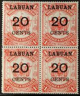 1895 20c On $1 Scarlet Surcharge, SG 77, Superb Mint (two Stamps Are NHM) BLOCK Of 4, Very Fresh & Attractive. (4 Stamps - North Borneo (...-1963)