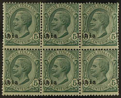 1912-15 5c Green OVERPRINT SHIFTED TO RIGHT "ibia L" Variety, Sassone 3p, Never Hinged Mint BLOCK Of 6, Very Fresh. (6 S - Libia