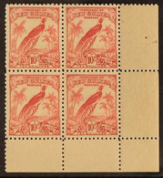 1932-34 10s Pink Bird-of-Paradise, SG 188, Superb Never Hinged Mint CORNER MARGINAL BLOCK OF FOUR. For More Images, Plea - Papouasie-Nouvelle-Guinée