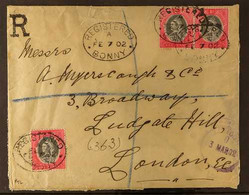 1902 (7 Feb) Registered Cover To London, Bearing 1d QV (x3) Tied By "Bonny Registered" Cancels, Plus One Transit Mark Al - Nigeria (...-1960)