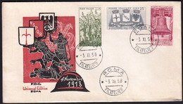 Italy 1958 / 40th Anniversary Of Italy's Victory In WW1 / Soldiers,, Coat Of Arms, Bell / FDC - WW1