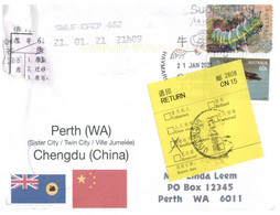 (OO 20) City Of Perth (WA) Twin With Chengdu In China  - Stay Safe / COVID-19 - 21-1-2021 - RTS To Sydney From China - Covers & Documents