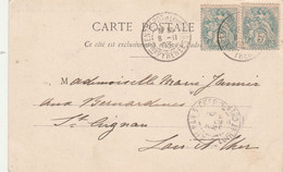 Yvert 111 X 2 Blanc Cachet ENTREPOT De LOURDES Hautes Pyrénées 8/11/1903 Carte Postale Pour St Aignan Loir Et Cher - Poste Ferroviaire