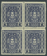 ÖSTERREICH 1918-1938 404B VB **, 1922, 1000 Kr. Schwarzblau, Gezähnt L 111/2, Im Postfrischen Viererblock, Pracht, Mi. ( - Other & Unclassified