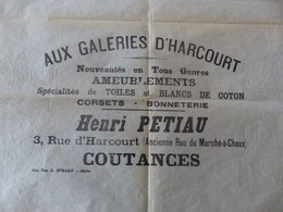 Feuille En Papier Sulfurisé Vers 1900-1920 - Henri Petiau - COUTANCES " AUX GALERIES D'HARCOURT" - Autres & Non Classés