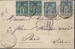 Sage YT 75 X2 Paire 5c Vert (N/V) + 101 X2 Bleu 15ct Recommandé N°9 Rare CAD Perlé T25 Chazay D'Azergues Rhône 18 7 93 - 1877-1920: Période Semi Moderne