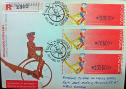 Portugal - ATM Machine Stamps - FDC (cover) - BRINQUEDOS POPULARES CICLISTA 1992 - Circulated, Registered, Cancel Braga - Máquinas Franqueo (EMA)