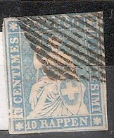 Suisse Michel 28c (Yvert 27c) O Helvetia Assise Papier Mince Fil Rouge - Gebraucht