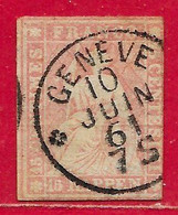 Suisse N°28 15r Rose (fil De Soie Vert & Papier épais) 1854-62 (GENEVE 10 JUIN 61) O - Gebraucht