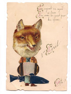 CHROMO : COLLAGE DECOUPI CORPS  D'HOMME - POISSON TETE DE RENARD - 1er AVRIL - - Animals