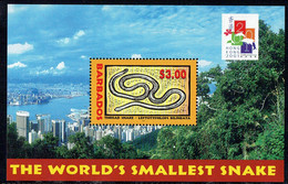 Barbados 2001, Chinese New Year Of The Snake: The World's Smallest Snake: Leptotyphlops Bilineatus MiNr. 997, Block 40 - Snakes