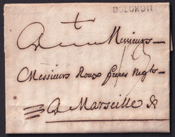 1767. OLORÓN A MARSELLA. MARCA DOLORON LINEAL NEGRO. PORTEO MNS. 13 DÉCIMAS. MUY BONITA CARTA COMPLETA. - 1701-1800: Voorlopers XVIII