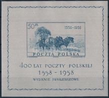 ** 1958 400 éves A Lengyel Posta Selyem Blokk, "400th Anniversary Of Polish Post" Silk Block Mi 22 - Andere & Zonder Classificatie