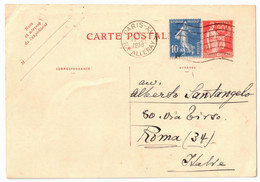 PARIS XV R Alleray Carte Postale Entier 90c Paix Laurens 10c Semeuse Bleu Yv 279 285-CP-CP1 Rome Italie Ob Meca FRANKERS - Postales Tipos Y (antes De 1995)