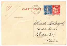 PARIS XV R Alleray Carte Postale Entier 90c Paix Laurens 10c Semeuse Bleu Yv 279 285-CP-CP1 Rome Italie Ob Meca FRANKERS - Standard Postcards & Stamped On Demand (before 1995)