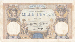 BILLETE DE FRANCIA DE 1000 FRANCS DEL 10-12-1931  (BANKNOTE) CERES E MERCURE - 1 000 F 1927-1940 ''Cérès Et Mercure''