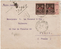 CTN68COL- LEVANT SAGE 25c SURCH. PIASTRE 1 PAIRE HOR. SUR LETTRE REC. GALATA / PARIS 4/9/1893 - Lettres & Documents