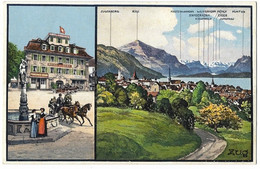 ZUG: Hotel Hirschen, 2-Bild-AK Mit Kutsche Und Oldtimer ~1920 - Zoug