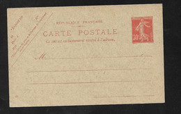 Entiers Postaux Carte Postale 160-CP  Semeuse 30 C. Rouge  Sur Vert  Date 128 Neuf  B/TB   - Standard Postcards & Stamped On Demand (before 1995)