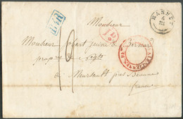 LSC D'HANNUT 4-III (1838) + Ovale Rouge I.d + Griffe Bleue B.4.R. vers Meursault (FR) + Dc Rouge BELGIQUE PAR VALENCIENN - 1830-1849 (Belgique Indépendante)