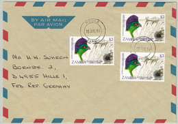 Zambia 1984, Luftpostbrief Ndola - Hille (Deutschland), Turako, Viktoria-Fälle - Cuculi, Turaco