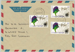 Zambia 1984, Luftpostbrief Ndola - Hille (Deutschland), Turako, Viktoria-Fälle - Cuckoos & Turacos