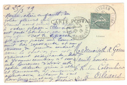 LE POULIGUEN Loire Inf Carte Postale 15c Semeuse Lignée Yv 130 Type V Issue De Carnet Avec Bandelette Ob 1919 - Brieven En Documenten