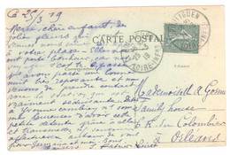 LE POULIGUEN Loire Inf Carte Postale 15c Semeuse Lignée Yv 130 Type V Issue De Carnet Avec Bandelette Ob 1919 - Storia Postale