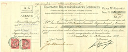 Quittance Des Assurances Générales  à Bruxelles Pour Un Client à Steynockerzeel (Steenokkerzeel) 12-11-1900 - Bank & Insurance
