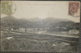 Carte Postale Timbre Surcharge Indochine Colonie Française Tonkin Dong Dang La Gare - Vietnam