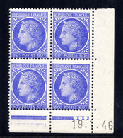 YT-N°: 674 - CÉRÈS DE MAZELIN, Coin Daté Du 19.01.1946, Galvano A De A+B, 7e Tirage, NSC/**/MNH - 1940-1949