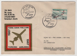 TURKISH AIRLINES  ISTANBUL TO ZURICH ,DC.9,DC 10 ,1967 ,FDC,COVER - Lettres & Documents