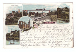 0-6518 WEIDA, Lithographie 1899, Gasthaus Alpenrose, Oschützthal-Viaduct / Eisenbahnbrücke, Bahnpost... - Weida