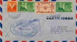 1944 CUBA , CERTIFICADO , HABANA - OAKLAND , CENSURA , NEGOCIADO DE SERVICIO INTERNACIONAL , HEREDIA , DEMOCRACIA - Storia Postale