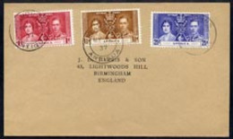 Antigua 1937 KG6 Coronation Set Of 3 On Cover With First Day Cancel Addressed To The Forger, J D Harris - Autres & Non Classés