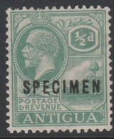 Antigua 1921 KG5 1/2d Green Overprinted SPECIMEN, Fine With Gum And Only About 400 Produced, SG 62s - Autres & Non Classés