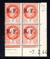 YT-N°: LYON 13 - PÉTAIN (type Bersier), Coin Daté Du 07.02.1944, Galvano G De F+G, 2e Tirage, NSC/**/MNH - 1940-1949
