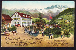 Um 1915 Ungelaufene Reklame AK, Wirtschaft Zum Wassberg, Forch. Tramhaltestelle Waldikon. Forchbahn In Der Ferne. - Wald