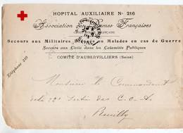 Aubervilliers : (Croix-rouge)  Partie Sup D'enveloppe Hopital Auxilliaire 216   Date Illisible (PPP28703) - Red Cross