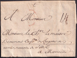 1737. CÁDIZ A MARSELLA. SIN MARCAS ORIGEN. PORTEO MNS. 14 SOLES. DIRIGIDA AL CAPITÁN EJÉRCITOS NAVALES. MUY INTERESANTE. - Army Postmarks (before 1900)