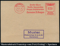 BREMEN 1/ Dreika-Türen/ ..Sperrplatten/ Krages Holzfaserplatten.. 1938 (15.8.) AFS Francotyp-Archivmuster "Reichsadler"  - Autres & Non Classés