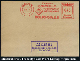 HAMBURG 11/ SCHNAPP-u./ GELBFILTERROLLOS/ VERDUNKLUNGEN/ GARTENSCHIRME/ ROLLO-G.M.B.H. 1938 (16.8.) AFS, Francotyp-Muste - Autres & Non Classés