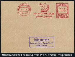 VELBERT (RHEINL)/ A.F./ FITTINGS/ Albert Fischer 1935 (11.3.) AFS, Francotyp-Musterabdruck "Hakenkreuz" (Rohnknie) Glask - Autres & Non Classés