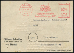 STENDAL 1/ Wilhelm Schreiber/ Landmaschinen,gegr.1887 1948 (21.9.) AFS = Lanz-Traktor , Klar Auf Adreß-Aufkleber (Dü.E-2 - Coches