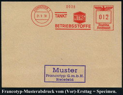 HANNOVER 1/ TANKT/ NITAG/ BETRIEBSSTOFFE 1938 (21.9.) AFS, Francotyp-Musterabdruck "Reichsadler" (Firmen-Logo) Francotyp - Auto's